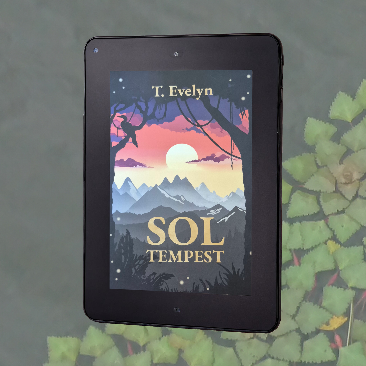 Et nettbrett med forsiden av Sol tempest, på en bakgrunn av planter som flyter på et vann.